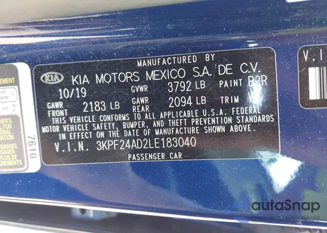 2020 Kia Forte Lxs из США, поврежденный, VIN 3KPF24AD2LE183040